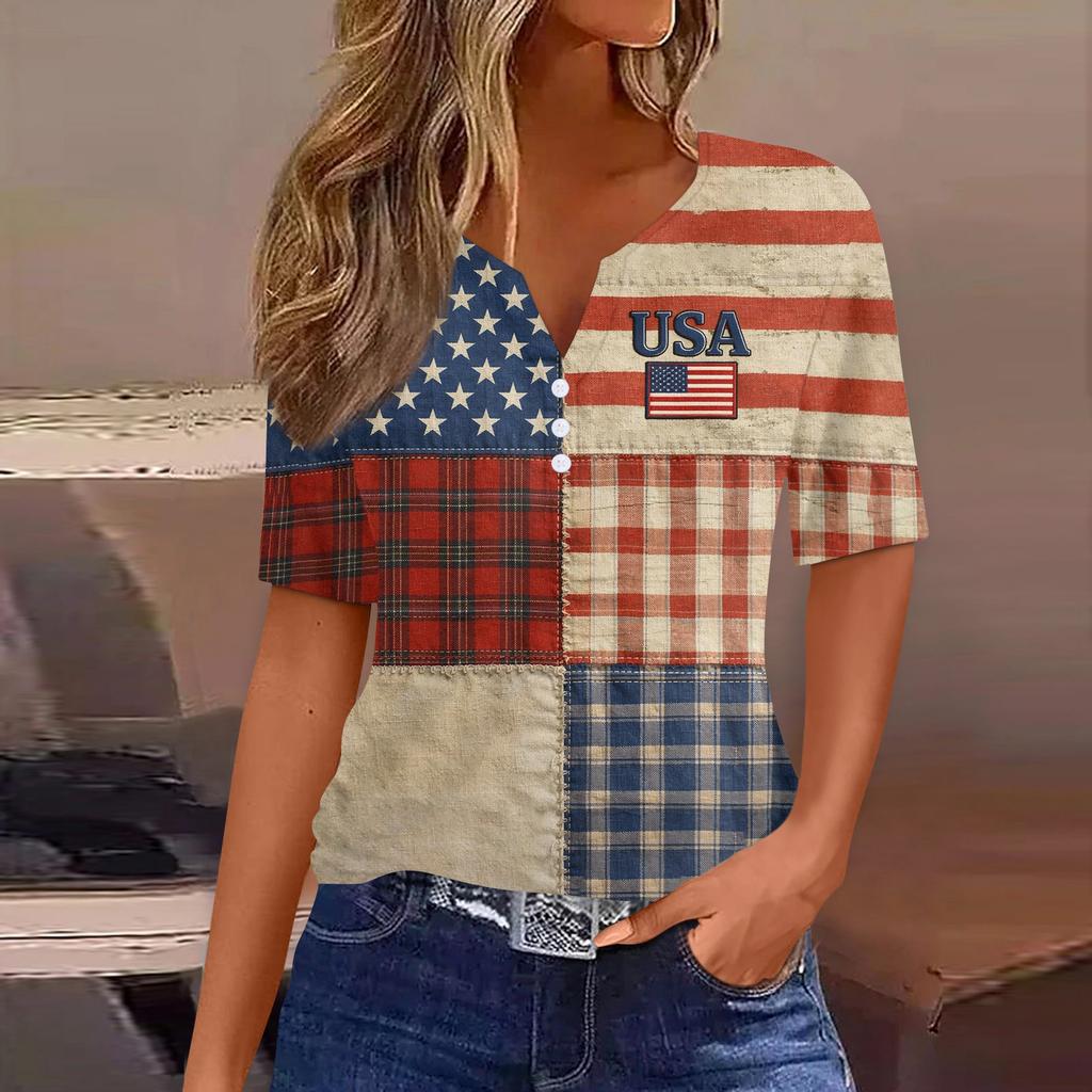 Women's Fashion Casual Independence Day Print V-Neck Short Sleeve Button-Up T-Shirt Top