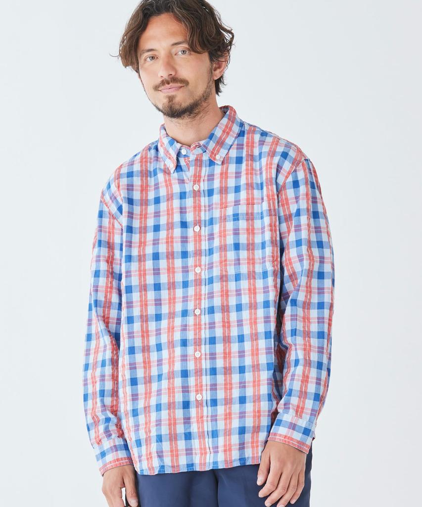 LL Bean Organic Cotton Seersucker Long Japan Pale 1000182635 Men's Shirt, Sleeve, Plaid, Fit, XL, Turquoise, Blue,