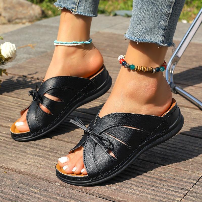 Womens Summer Shoes Wedge Fish Mouth Slippers Solid Color Plus Size Bow Trim Roman Sandals