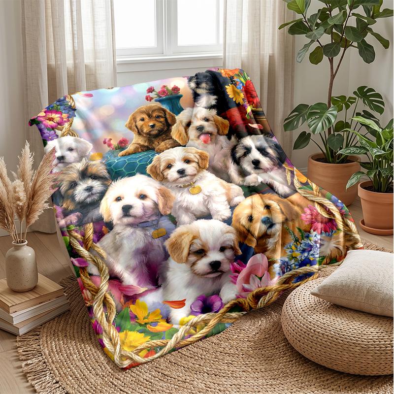 Floral Puppies Garden 3 Theme blanket Lightweight Warm Flannel Blanket Decorative Throw Blanket for Home Decoration
