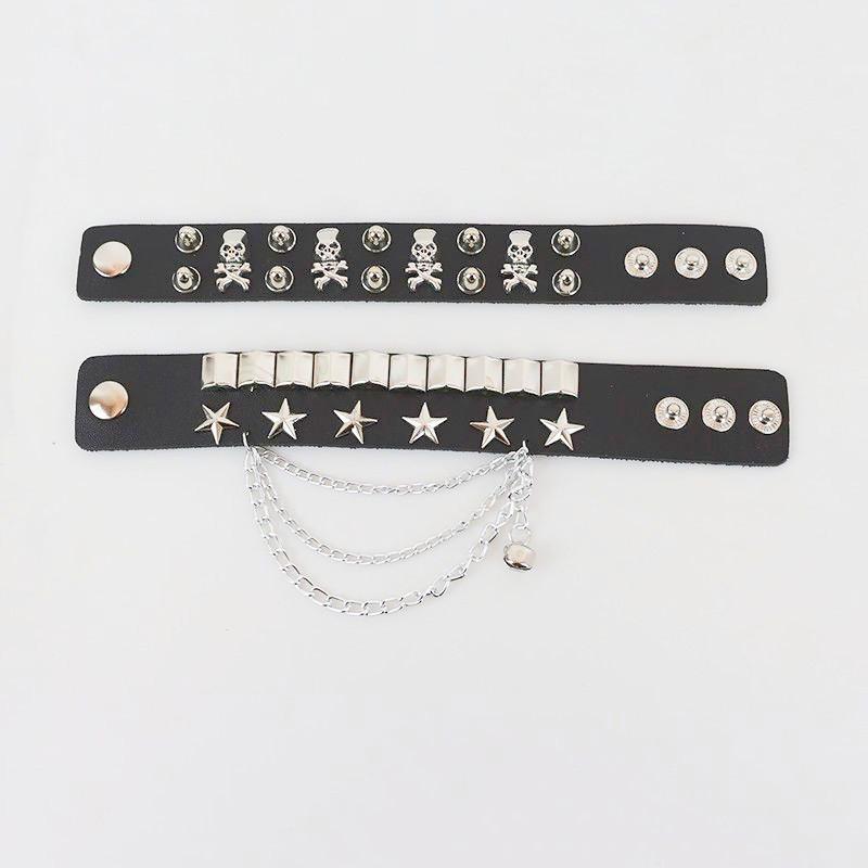 Punk Gothic Skull Bracelet Chains Metal Spikes Rivet Pu Leather Wristband Cuff Bangle Wide Cuff Bracelet Women Men Jewelry
