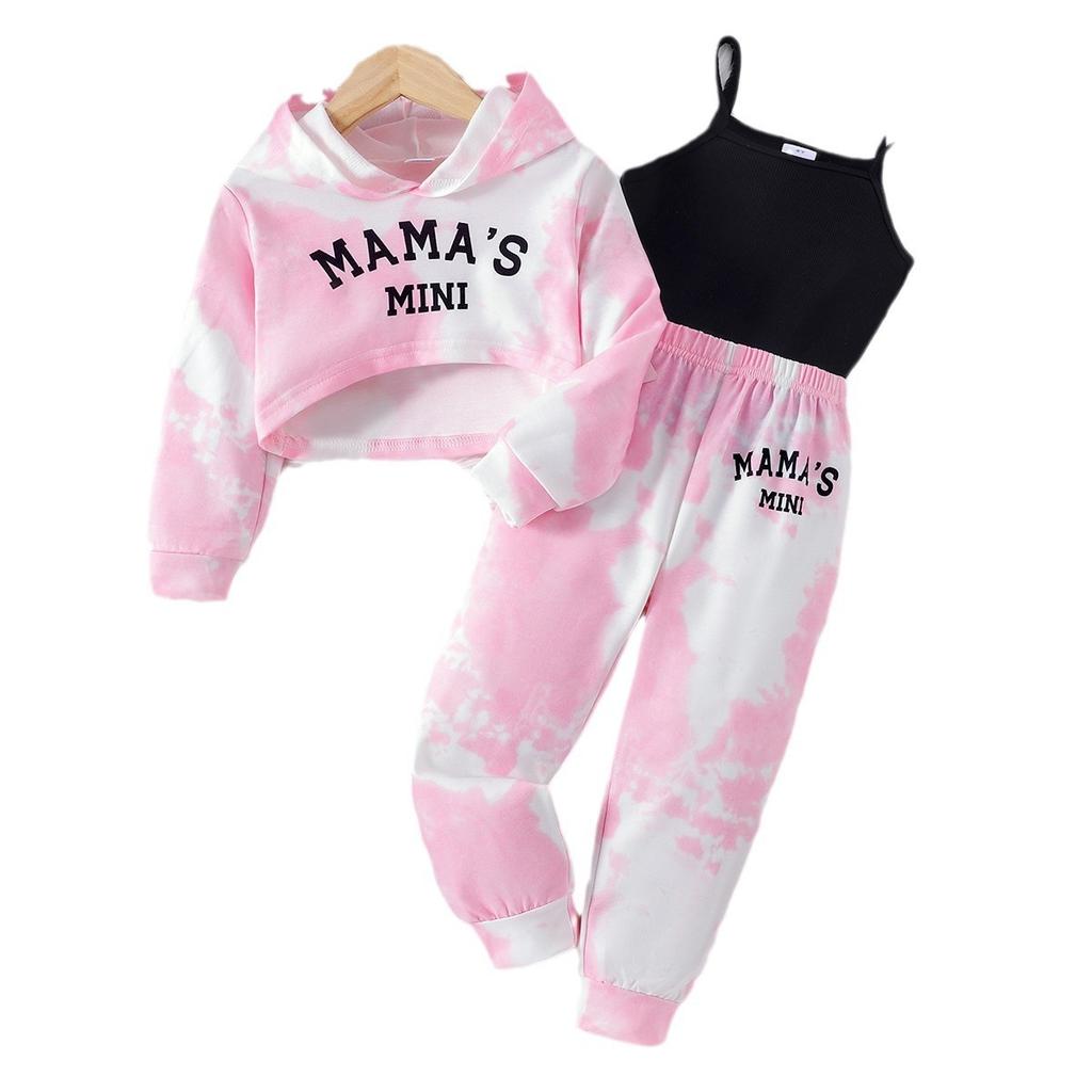 Dívčí módní set Podzim/Zima Dětská ležérní mikina s potiskem písmen + šle + kalhoty Třídílný set