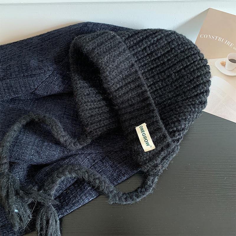 Blue Balaclava Hat Women's Autumn and Winter Warm Ear Protection Knitted Wool Hat Showing a Small Face and Cold-proof Bag Head Hat