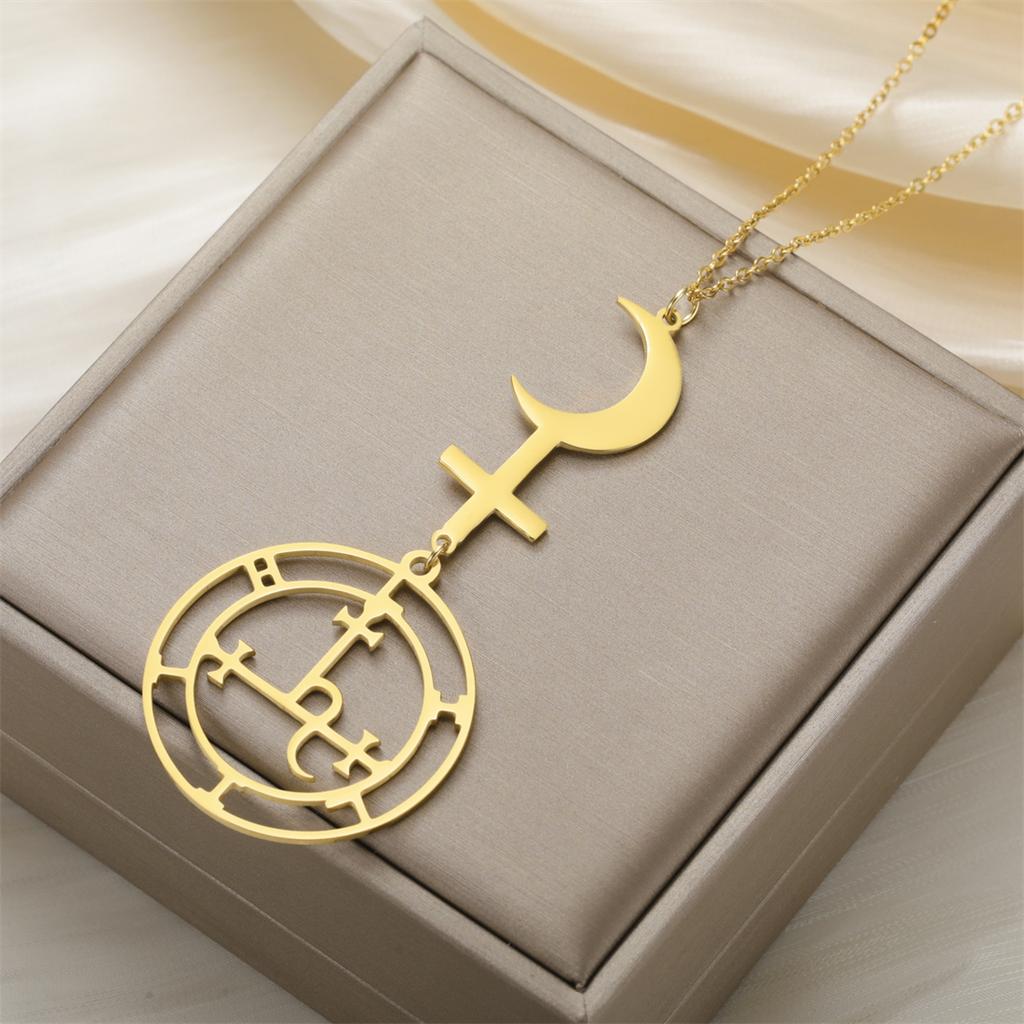  Mythical Goddess Sigil of Lilith Necklaces Stainless Steel Crescent Moon Cross Pendant Necklace Solomon Amulet Jewelry