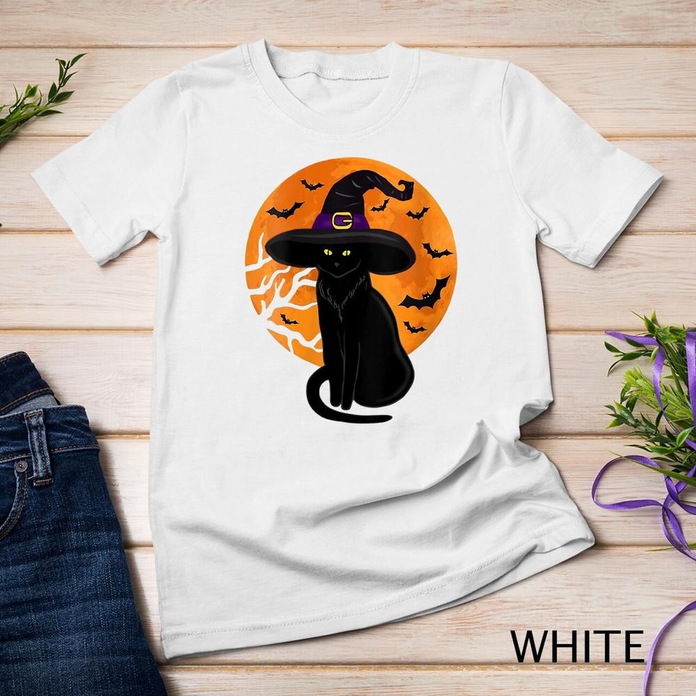 

Womens Vintage Scary Halloween Black Cat Costume Witch Hat and Moon Unisex T-shirt L
