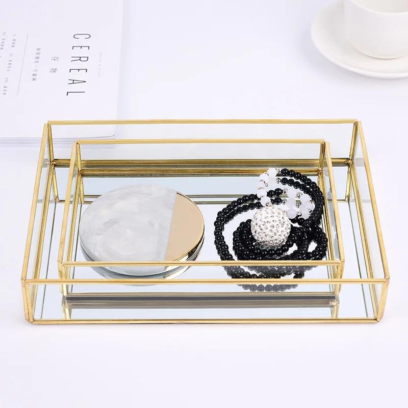 Nordic Retro Storage Tray Gold Rectangle Glass Makeup Organizer  Dessert Plate Jewelry Display Home Kitchen Decor WF1015