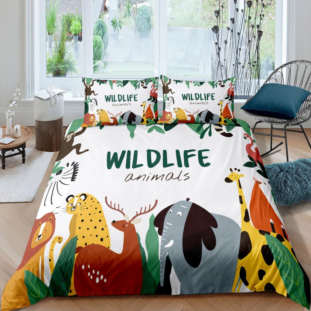 Funda Nórdica de Animales de Dibujos Animados Rey Reina Elefante Jirafa León Juego de Cama para Niños Vida Salvaje Amarillo 2/3 Piezas Funda de Colcha de Poliéster