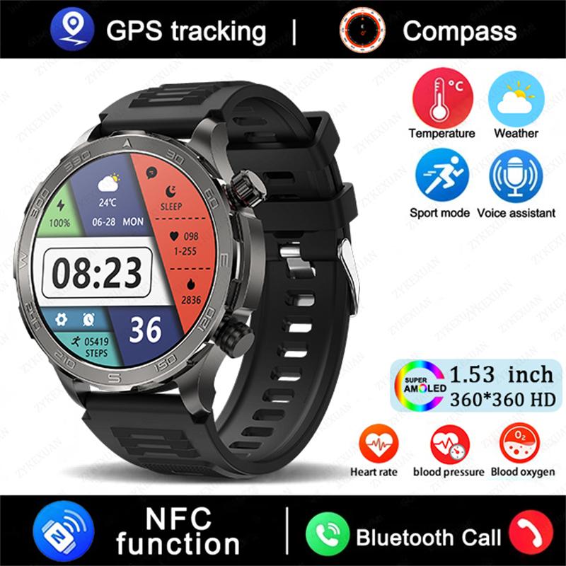 GPS Track Smart Watch AMOLED Screen Always Show Time Sports Fitness Heart Rate IP68 Waterproof Compass Call  New Smartwatch