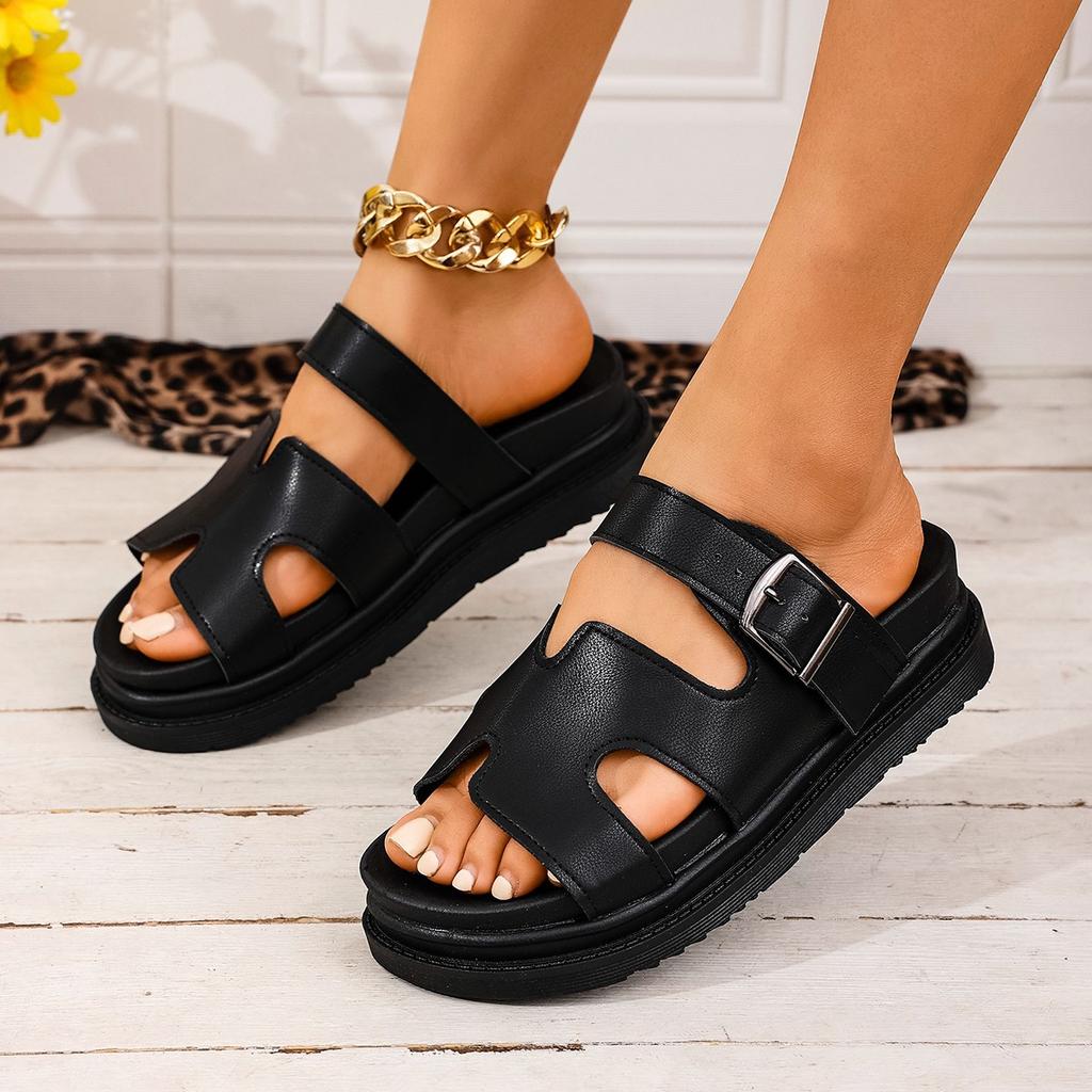 Large size slippers women's versatile thick bottom one-word buckle solid color casual cool slippers women