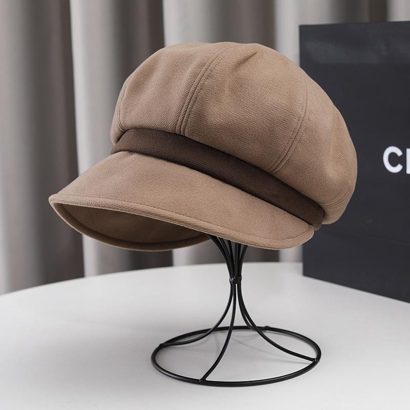 Polyester Beret for Women - Elastic Pleated Octagonal Cap with Short Brim, Packable Drawstring Beret