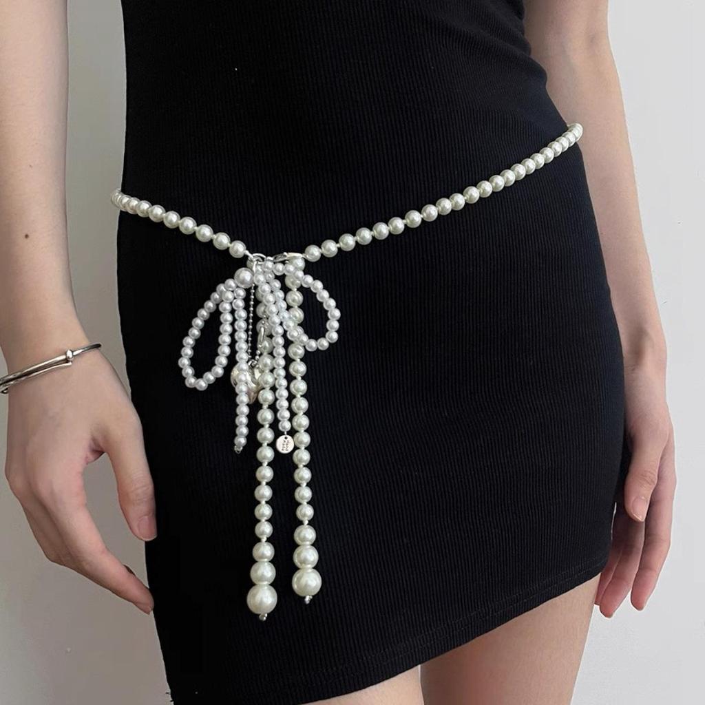 Sweetheart Pearl Bow Tassel Waist Belt Accessory