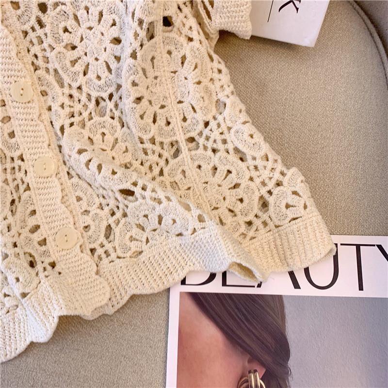 Vintage V Neck Handmade Crochet Knit Cardigan Women Summer Fashion Hollow Out Design Casual Versatile Loose Slimming Blouse