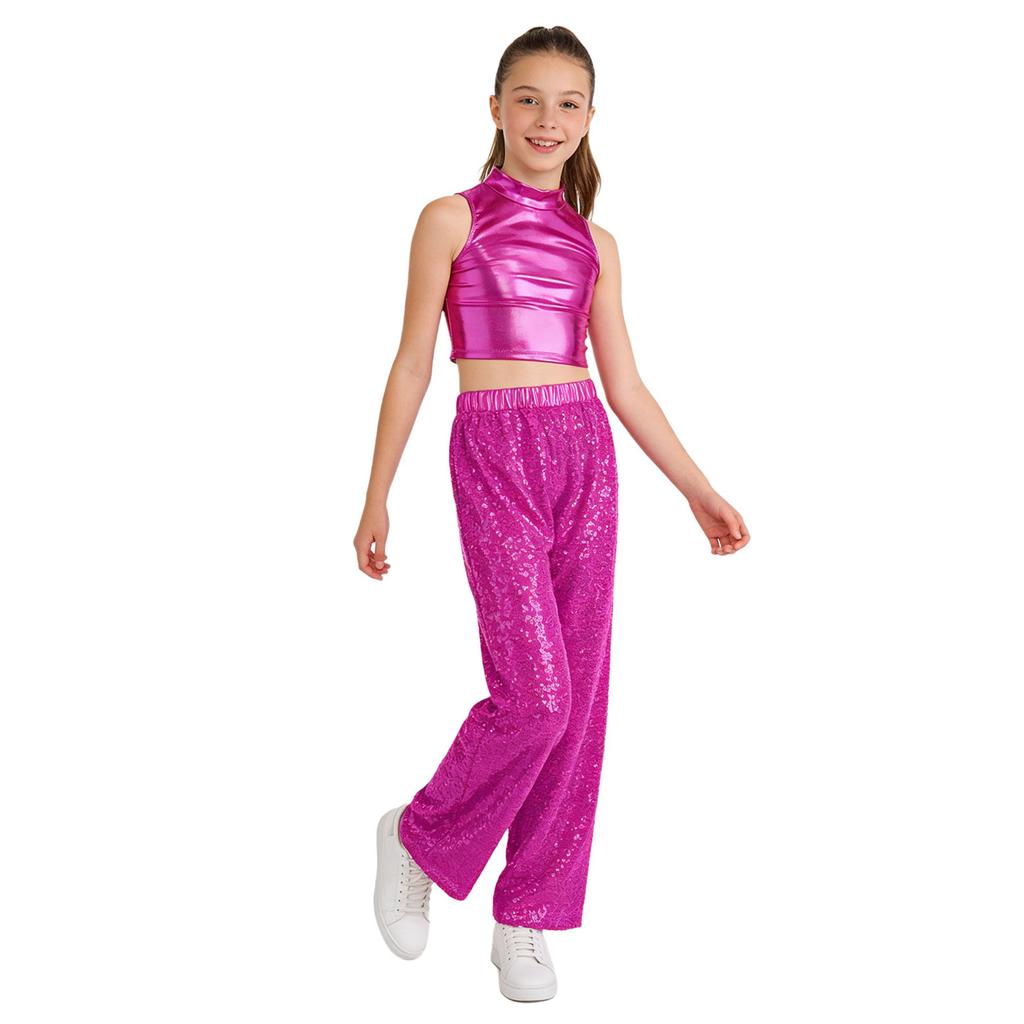 Kids Jazz Dance Costume Sleeveless Mock Neck Metallic Top and High Waist Sparkle Sequin Pants for Stage Competition
