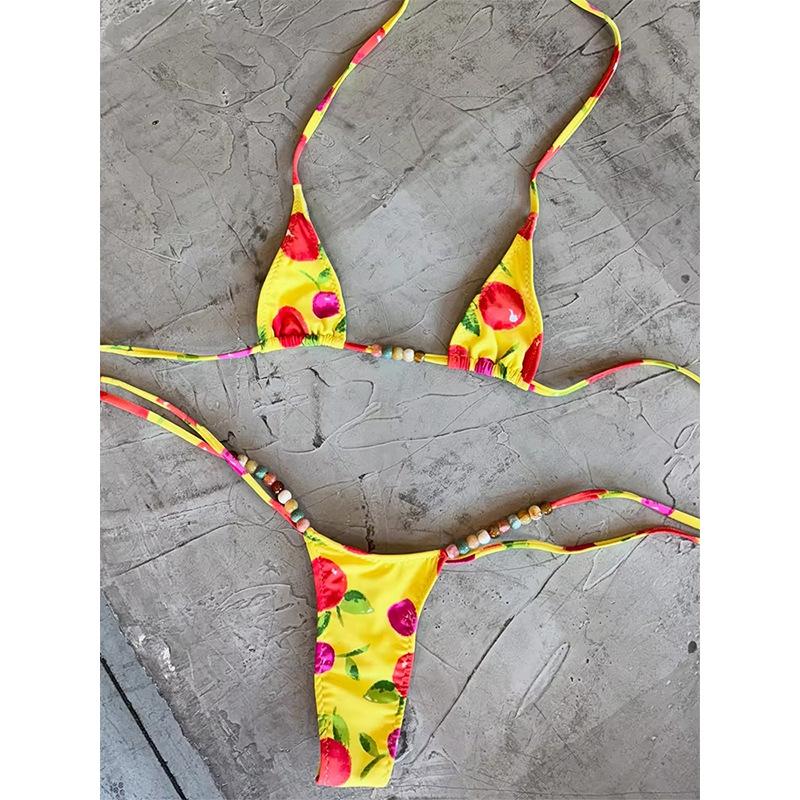 Three-point printed bikini strap-up neck sexy thong swimsuit female split bikini S