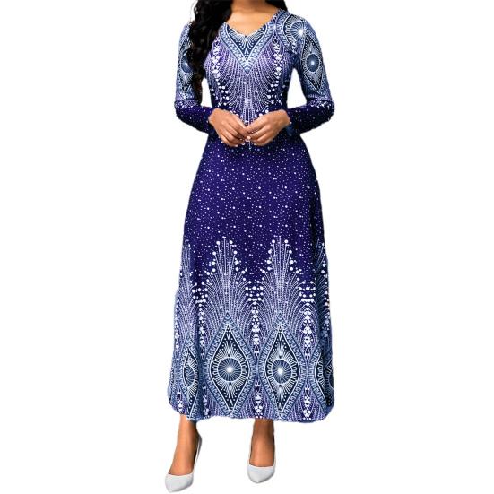 

Женское платье винтажный принт приталенное весна осень А-силуэт большой подол длинное платье для банкета 2XL синий