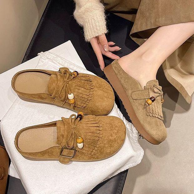 Super Popular Thick-soled Comfortable Non-slip Bag Head Half Slippers Women's Fringed Bow Single Shoes 2025 Spring and Summer New Models