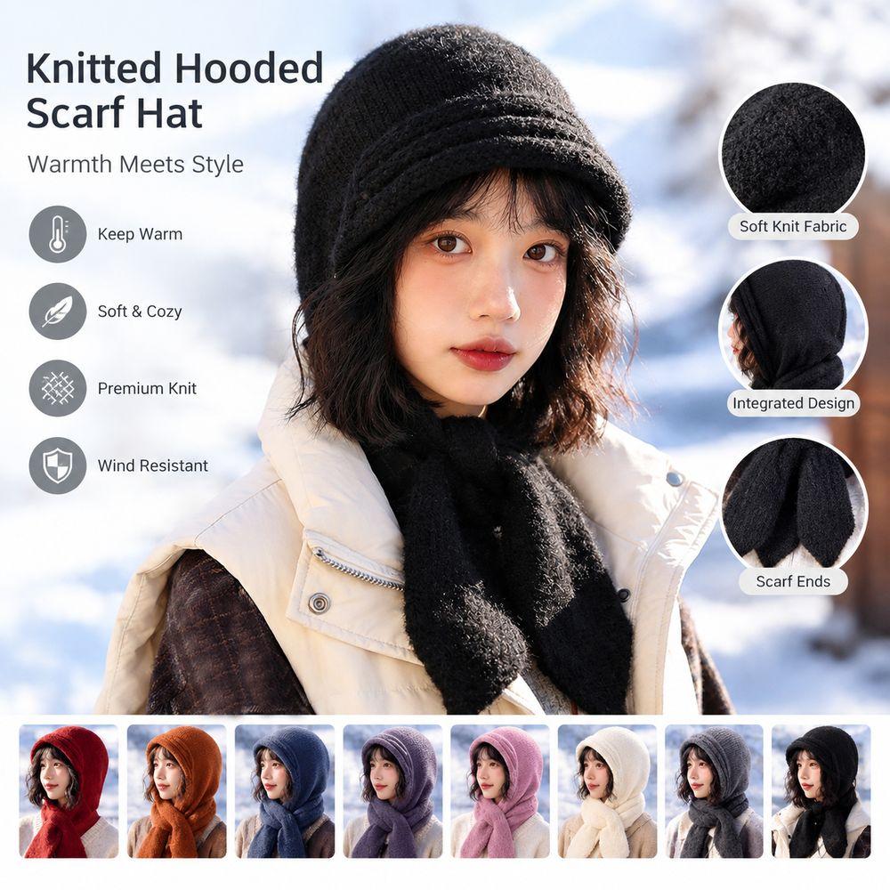 Full Coverage Knitted Hooded Scarf Hat Knit Fabric Winter Beanie Hat New Knit Hood Scarf