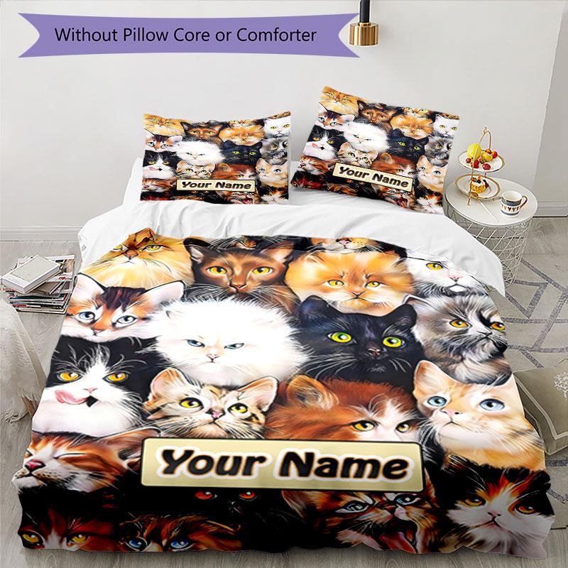 3PC Custom Name Feline Faces Collage Bedding Set Duvet Cover Closure Includes 1 Duvet Cover & 2 Pillowcases for Bedroom