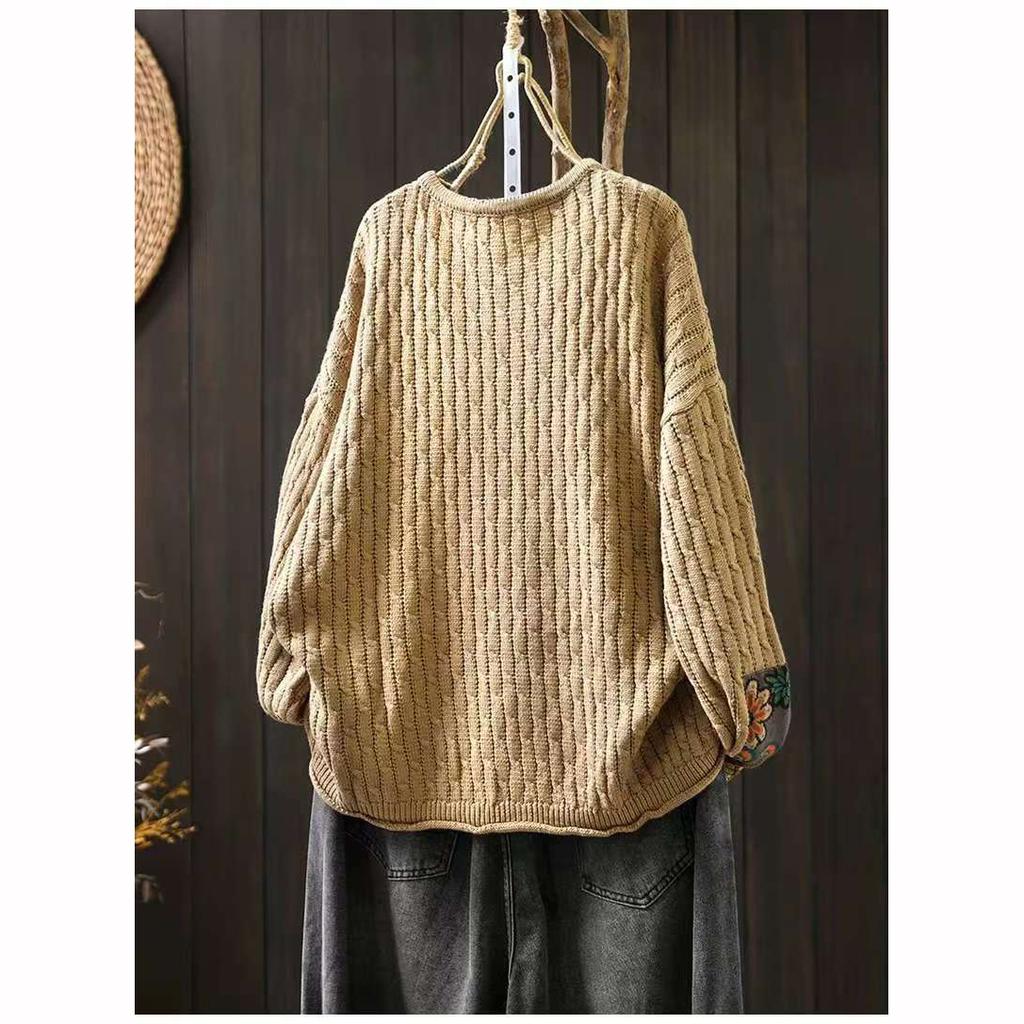 Winter Fall Fashion Vintage Sweater Women's O Neck Loose Casual Lazy Style Casual Pullover Flower Print Patchwork Knitwear