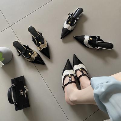 Fashion Cover Toe Female Shoes Low Ladies' Slippers Multicolored Sandals On A Wedge 2025 Pointed PU Mixed Colors Slides Patent Leather F