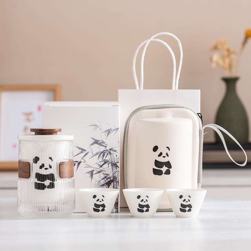Panda Merchandise Travel Tea Set a Pot of Three Four Six Cups Suet Jade Porcelain High-end Corporate Business Gift Set