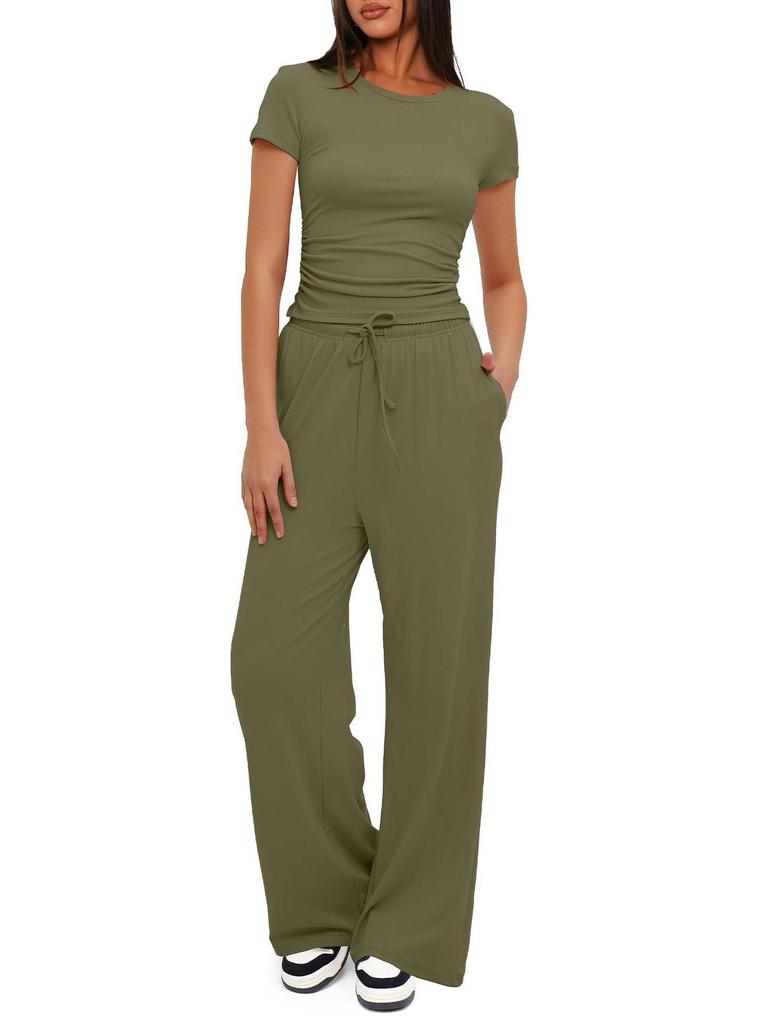 2024 Solid Color Casual Set: Ruffle Sleeve Top & High Waist Wide-Leg Pants Sportswear