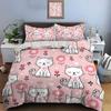 Süße Katzen und Rosa Blumiger Hintergrund Bettbezug-Set Digitaldruck Bunt Polyester Bettwäsche Mit Reißverschluss Für Kinder Geschenk