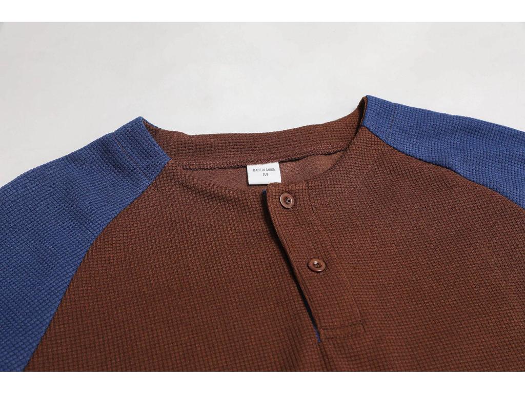 Men's Cross-Border Casual Raglan Sleeve Patchwork Round Neck Waffle Knit Sweatshirt for Spring/Autumn