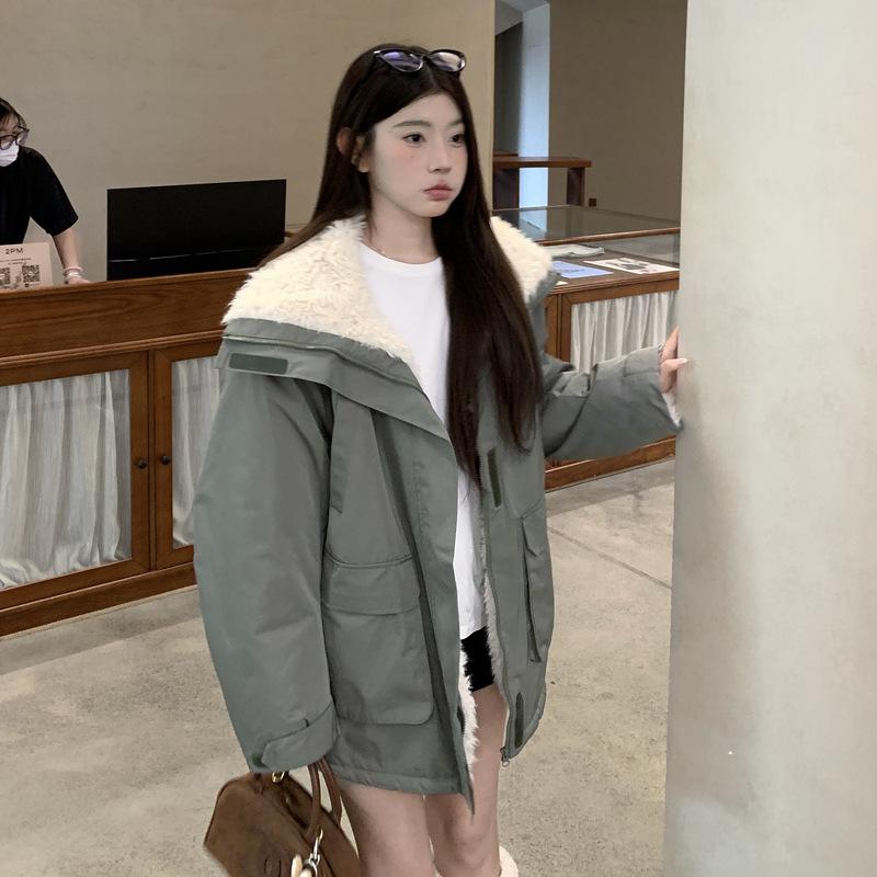 Fleece pie overcome women's new winter medium and long super good-looking cotton-padded jacket small tooling cotton-padded jacket thick