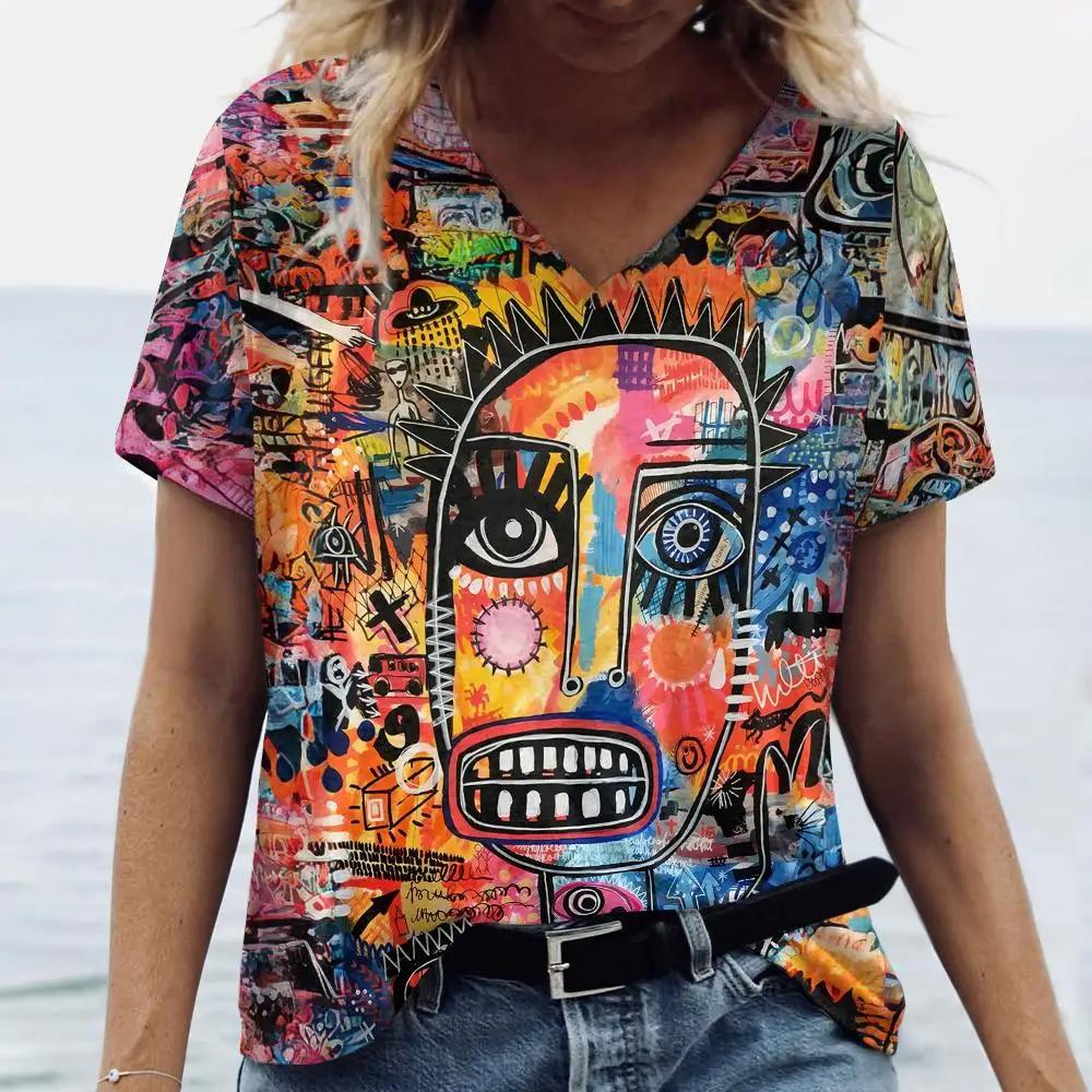 Letní dámské módní tričko Exagerovaný umělecký potisk Topy Trička Dámské Vintage Krátký rukáv Oblečení Dámské Denní Ležérní Streetwear