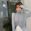 Autumn Sexy Perspective Long Sleeve Half High Neck T-shirt Carefully Machine Broken Flower Mesh Lace Bottom Shirt Women's Top