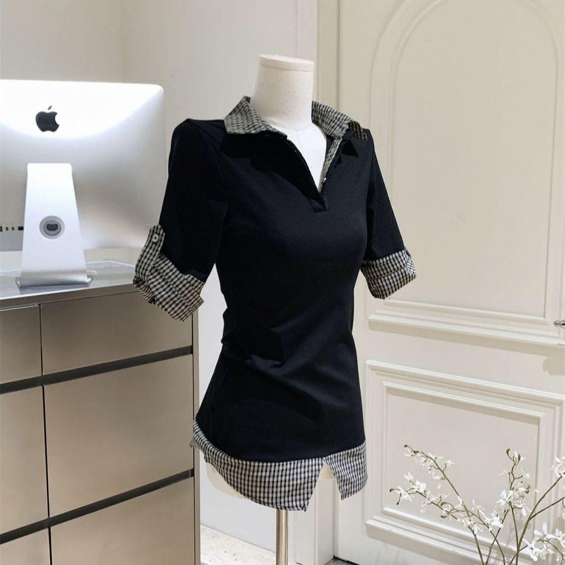 Korean college style lazy plaid splicing polo collar short-sleeved T-shirt women s summer temperament thin college style top XS чёрный