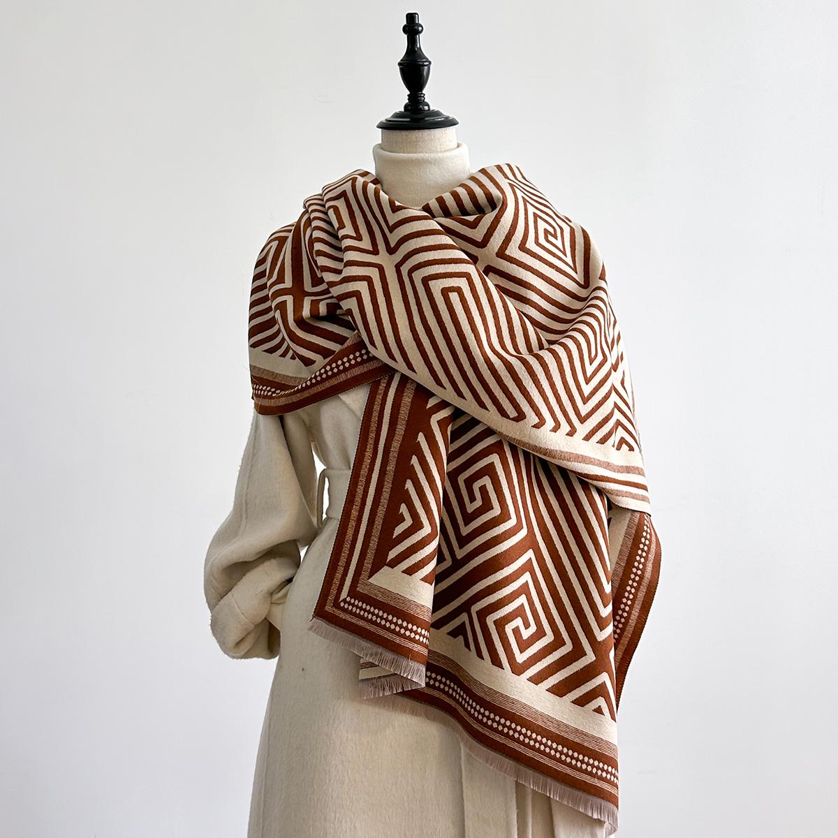 

Luxury Geometry Print Scarf For Women Warmer Winter Pashmina Two-Sided Scarves Shawls Female Thick Blanket Wraps Foulard