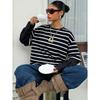 Women Striped Crew Neck Fake Two Piece Loose Long Sleeve Casual Sweatshirt