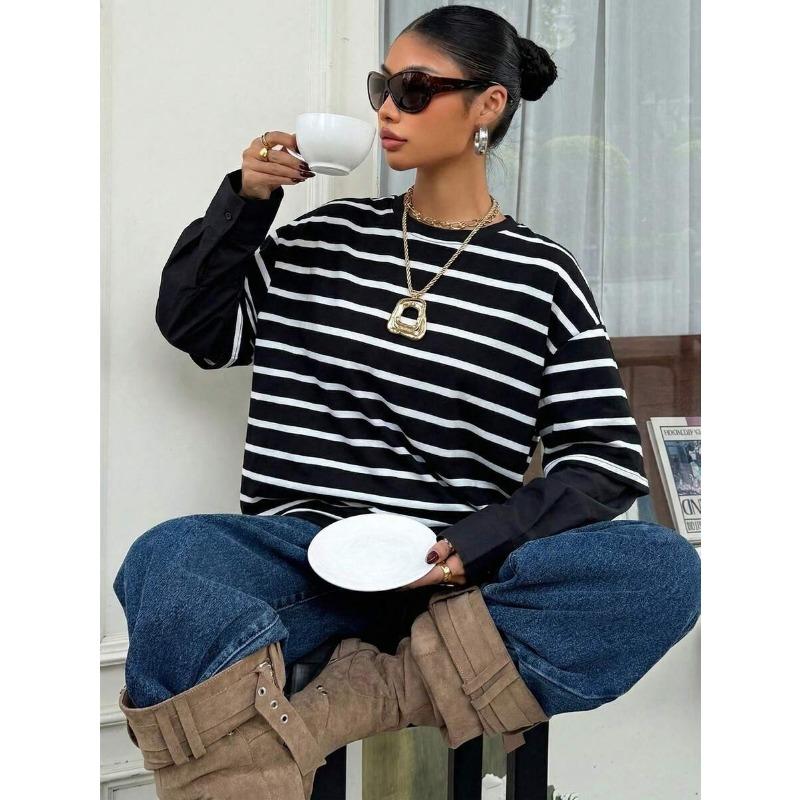 Women Striped Crew Neck Fake Two Piece Loose Long Sleeve Casual Sweatshirt
