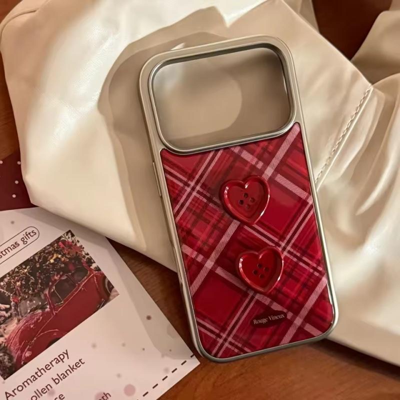 Retro Wine Red Grid Pattern Stereoscopic Love Button Shock Proof Phone Cover Case for iPhone 17 16 15 14 13 12 Pro Max Plus Air