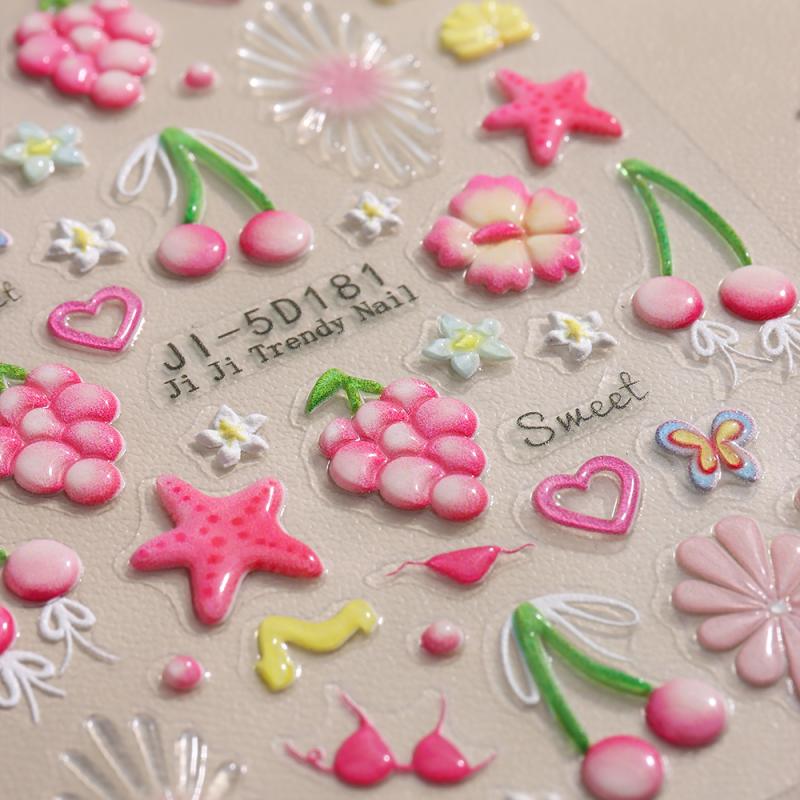 5D Bow Nail Sticker 3D Relief Cherry Bowknot Flower Summer Personalized Nail Back Adhesive Sticker Diy Nail Decoration Materials