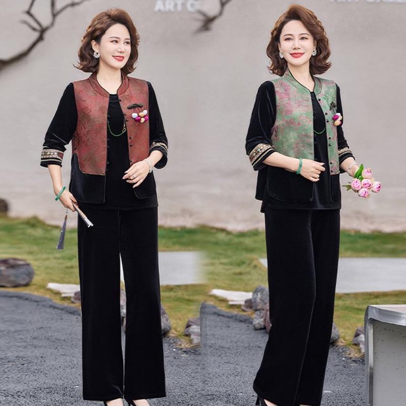 Chinese Spring Suit Set: Golden Velvet Vest & Shirt for Middle-Aged Women - Ideal for Spring/Autumn
