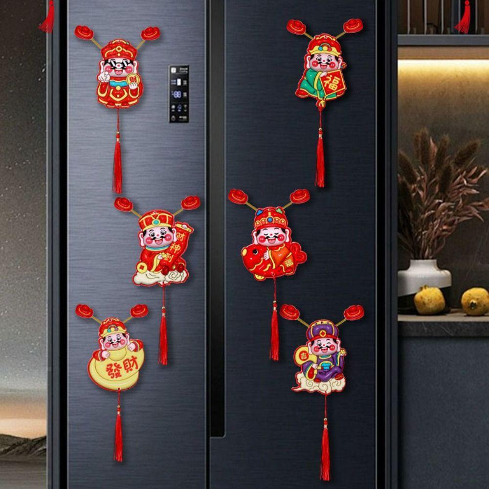 4Pcs Cartoon God of Wealth Fridge Magnets Chinese Style Traditional Spring Festival Magnet Portable with Tassels