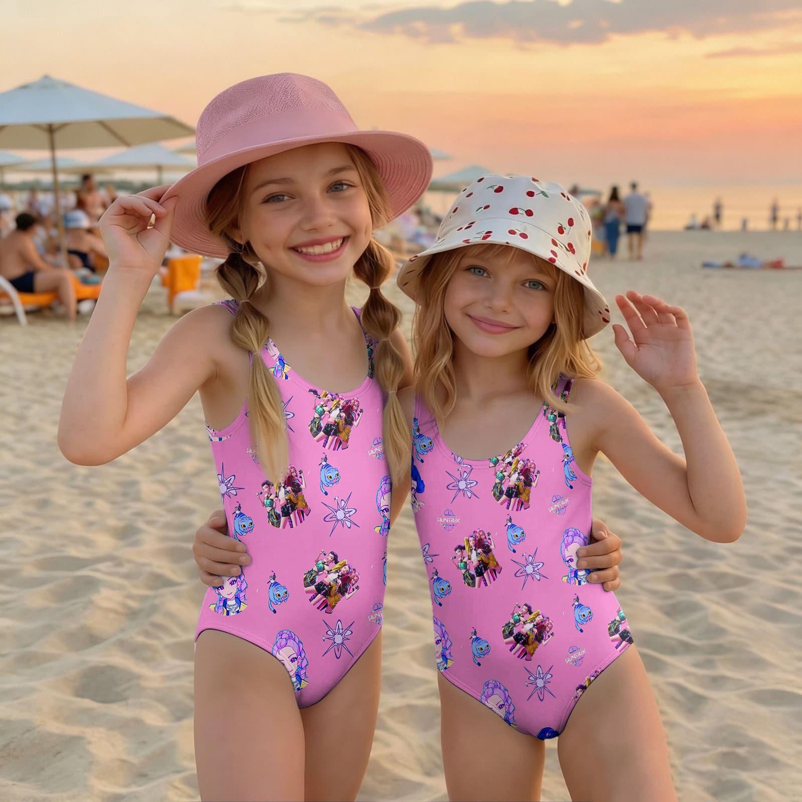 

Girls One Piece Swimsuit Casual Summer Swimwear Kids Printed Bathing Suit Comfortable Fit Durable Fabric 140 рожевий