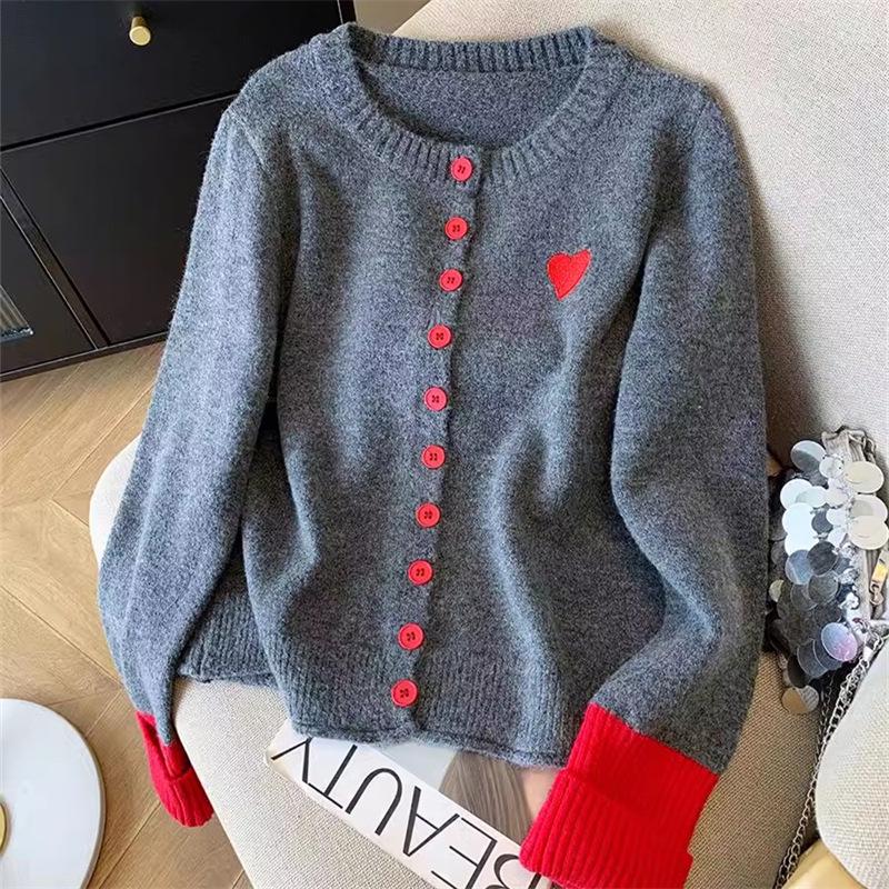 Japanese Heart Embroidery Knit Cardigan for Women - Chic Colorblock Style, Slim Fit, Ideal for Spring and Autumn.