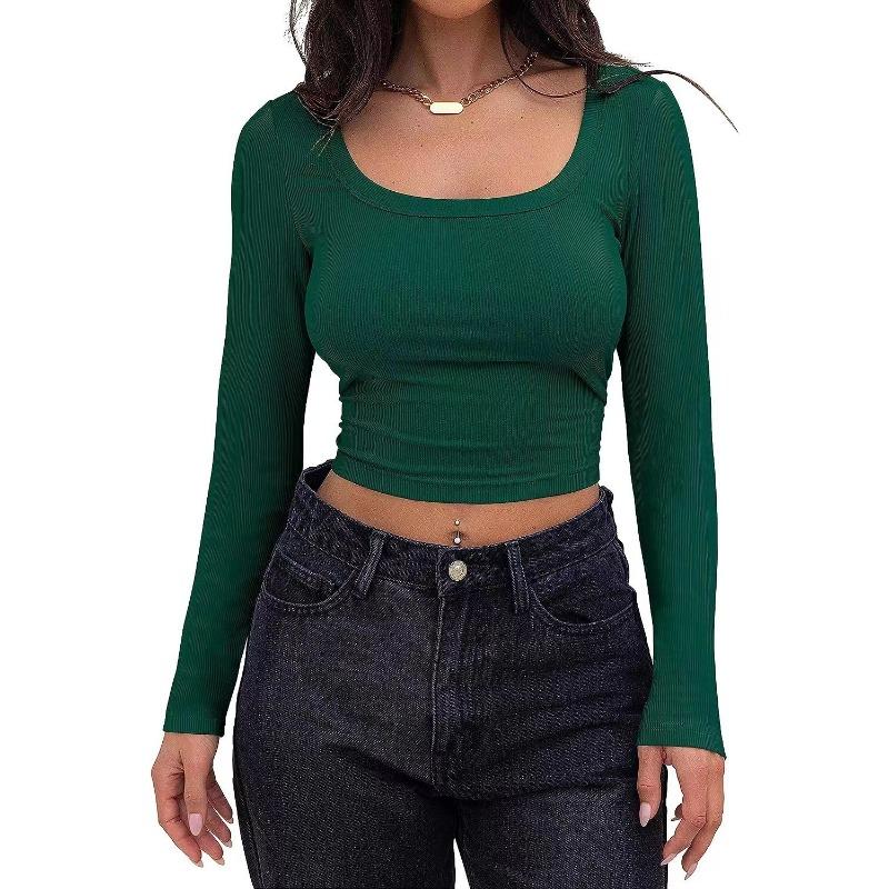 Women's Fashion Casual Spring Fall Solid Color Print Long Sleeve Square Collar Blouses & Shirts