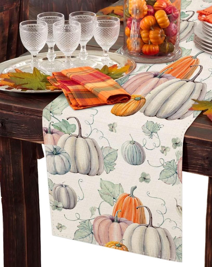 Fall Thanksgiving Pumpkin Linen Table Runner Tabletop Decor Autumn Harvest Kitchen Dining Table Runner Holiday Party Decor