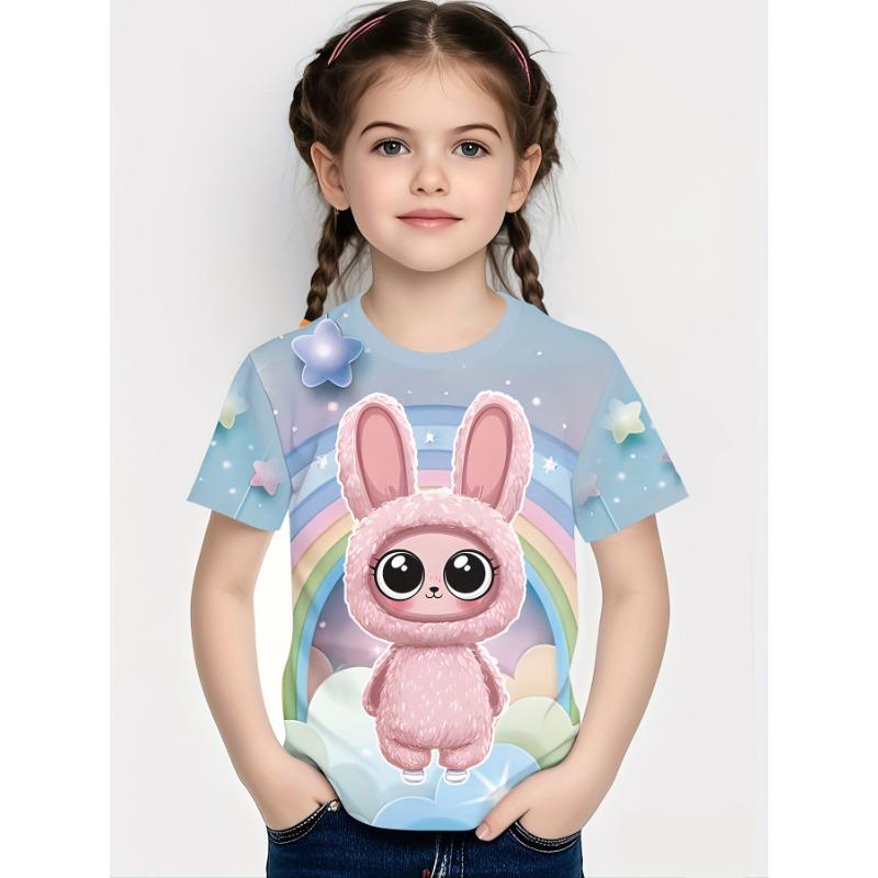 Girls  Summer Bunny 3D Print T-Shirt - Short Sleeve Round Neck Cute Outfit, 110
