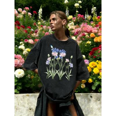 Καλλιτεχνικό Όμορφο Γυναικείο Πλυμένο T-shirt με Στάμπα Άνθους Αραβοσίτου και Πεταλούδας, Καλοκαιρινό Ρούχο με Ρούχα από Βαμβάκι