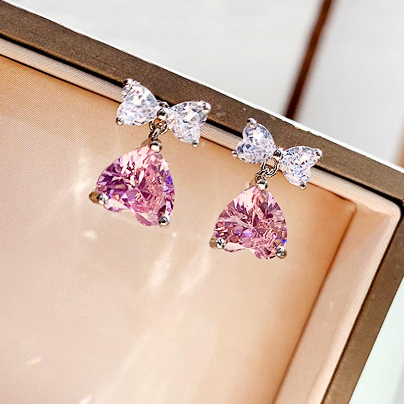 

Huitan Elegant Lady Aesthetic Drop Earrings with Pink Heart Shape Zirconia Dainty Pendant for Engagement Ceremony Party