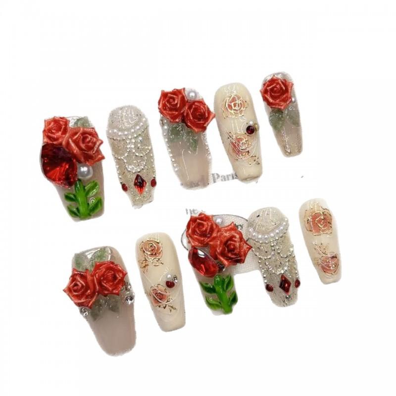 Handmade 3D Vintage Rose Press-On Nails Long Style 2026 New Design Women Girls