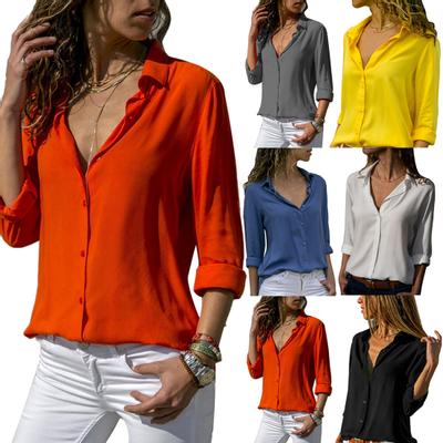Office Lady Autumn Deep V Neck Turn Down Collar Chiffon Loose Buttons Down πουκάμισο