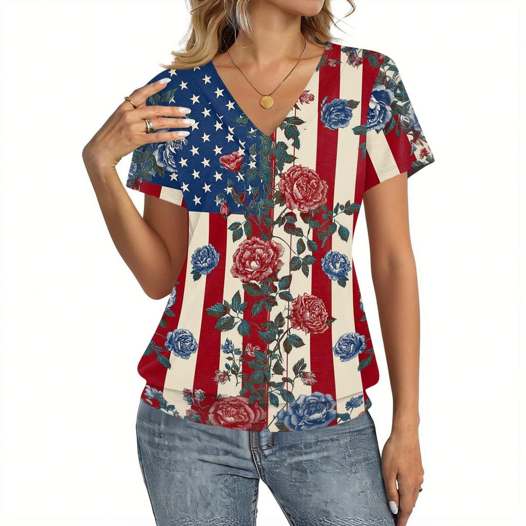Women's Casual Short Sleeve V Neck Top Independence Day Printed T Shirt Lightweight Comfortable Summer Blouse