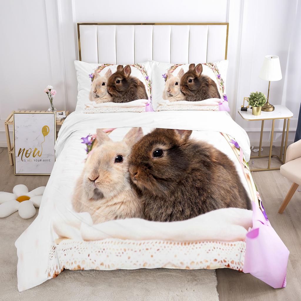 Rabbit Comforter Duvet Cover Set Lovely Little Rabbit Decor Bedding Set For Kid Girl Polyester Animal Theme King Comforter Cover